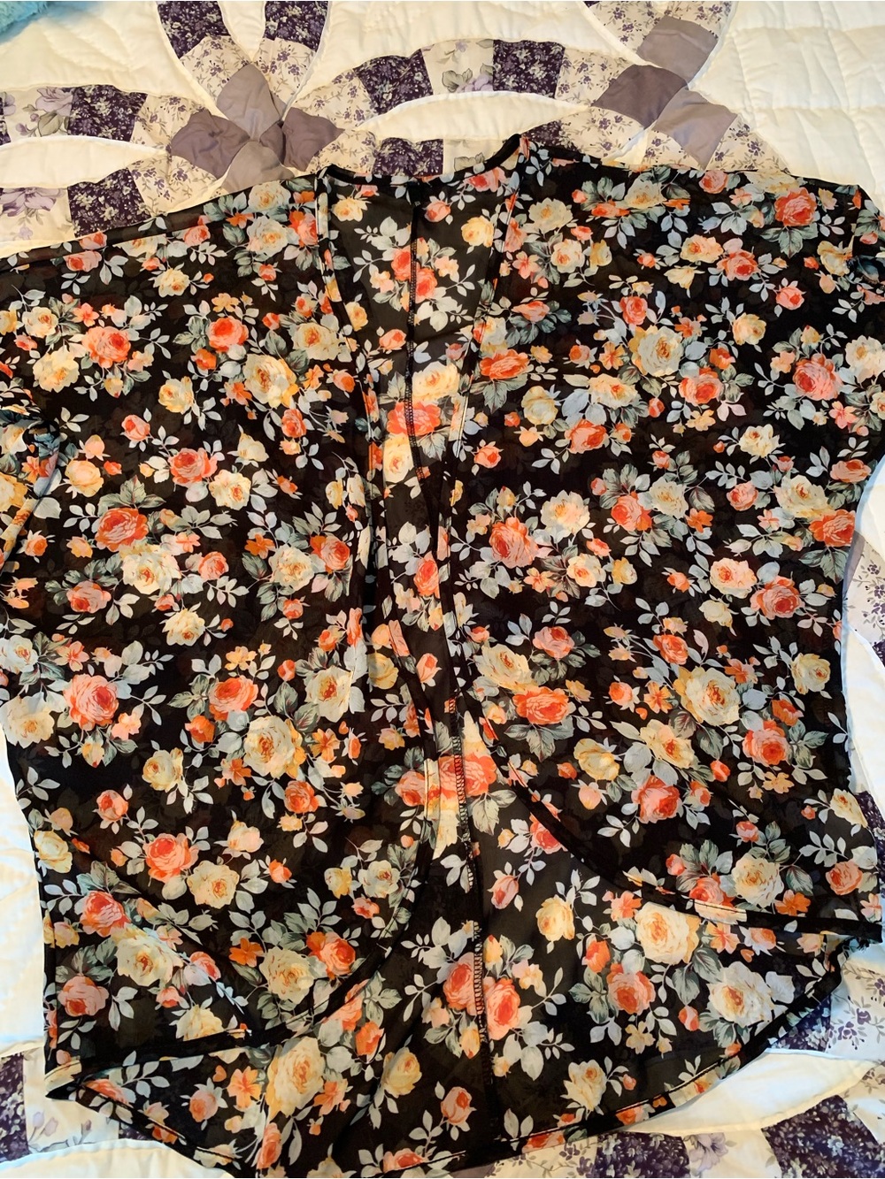Black Floral Open-Front Women's Blouse with Peach and Cream Roses